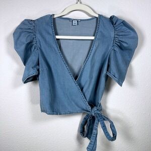 Bar III Blue Denim Wrap Top Puff Short Sleeve‎ Tie Cropped XSmallBoho Cottage